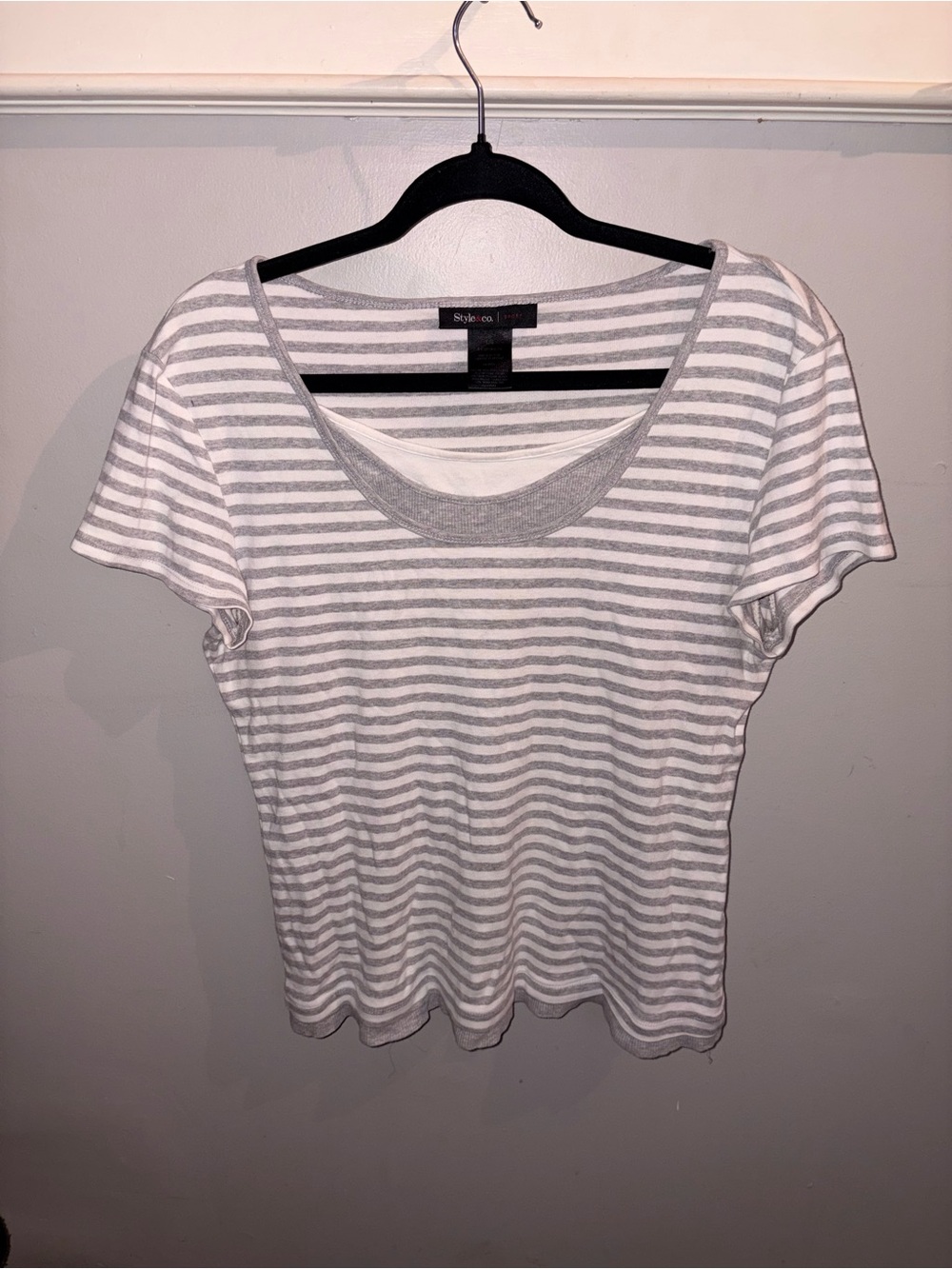 Style & Co. Grey & White Striped Scoop Neck Short Sleeve Tee